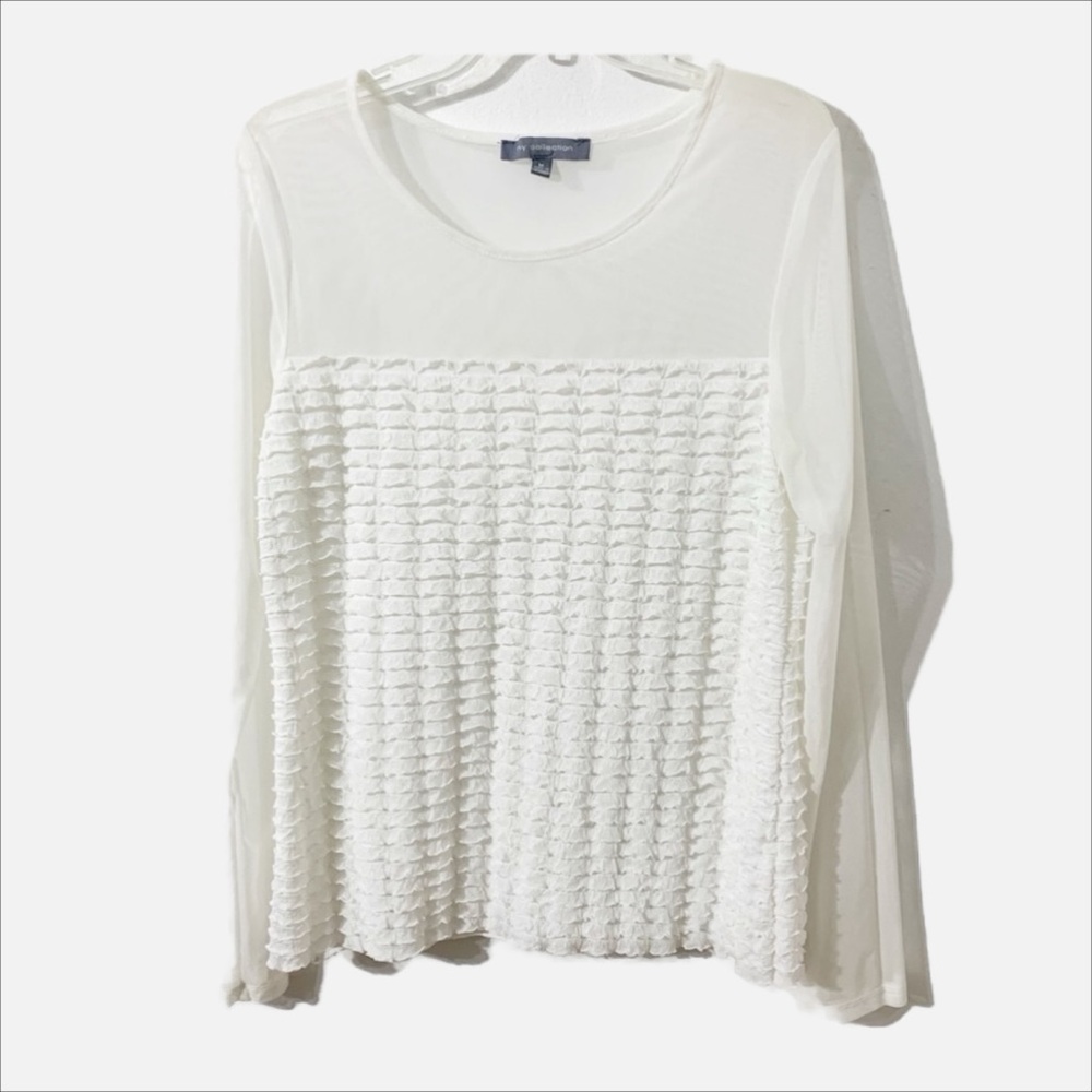 ny collection Ruffle and Sheer Mesh Pullover Long Sleeve Scoop Neck Blouse White